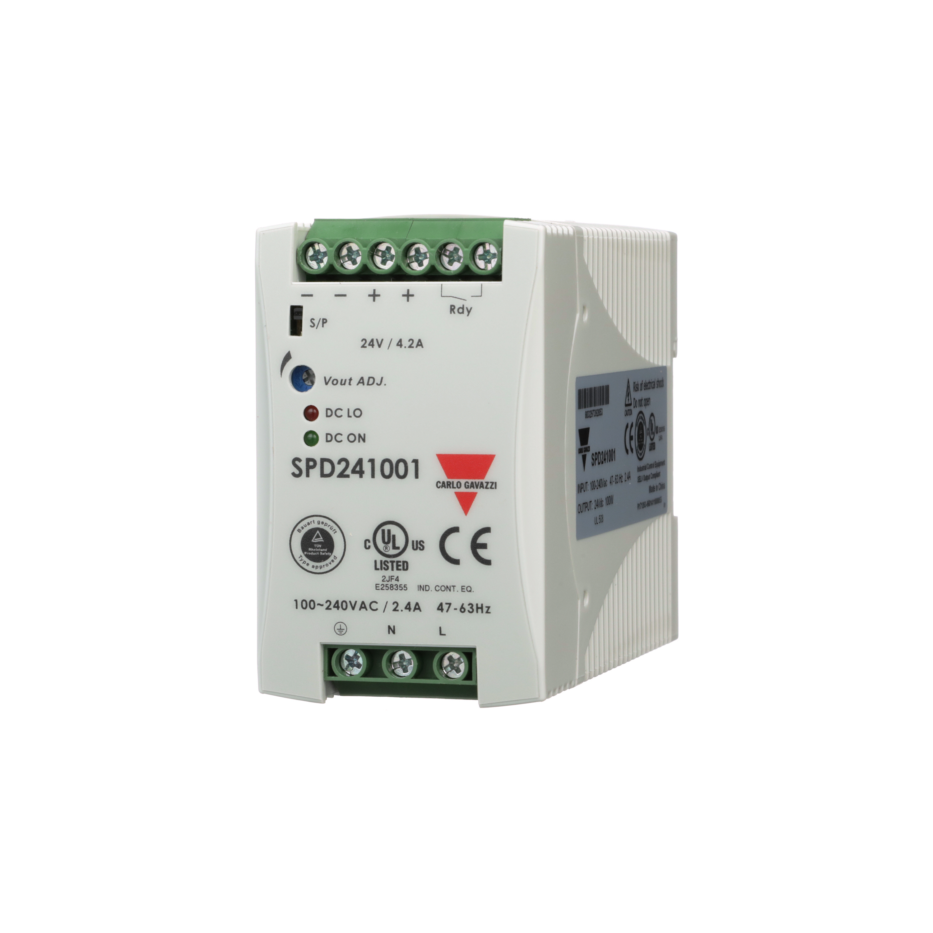 Carlo Gavazzi Switching Power Supply; 24VDC OUT; 4.2A; 90-264VAC / 120-375VDC IN; Single-Phase; DIN Rail Mount
